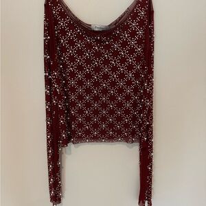 Sheer Burgundy Long-Sleeve Mesh Top with Pearl Beading